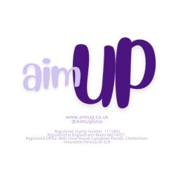 Charity Logo for Aim Up, detailing where to find more information - website: www.aimup.co.uk social media @AimUpGlos